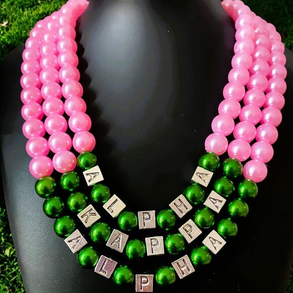 AKA Alpha Kappa Alpha Necklace Pink & Green Pearls with Silver Blocks - Picture 1 of 4